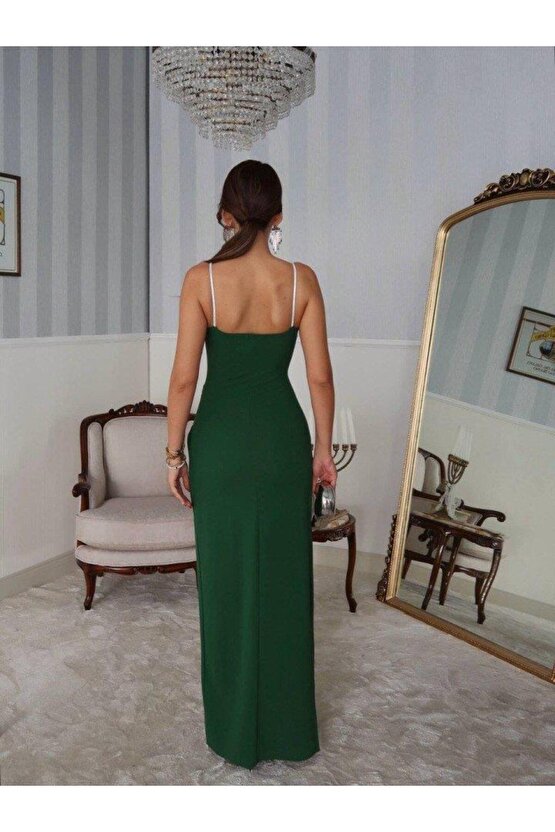Kadın Omuz Askılı Derin Yırtmaç Detay Maxi Boy Elbise