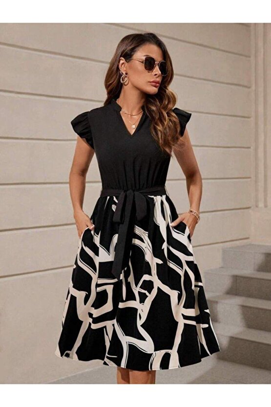 Kadın Kısa Kollu V Yakalı üst Janjan Krep Alt Desenli Süprem Mini Elbise