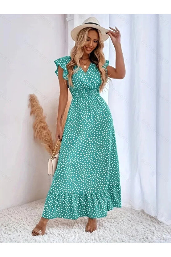 Kadın Kısa Kollu Kruvaze Yaka Beli Lastikli çiçek Desenli Elbise