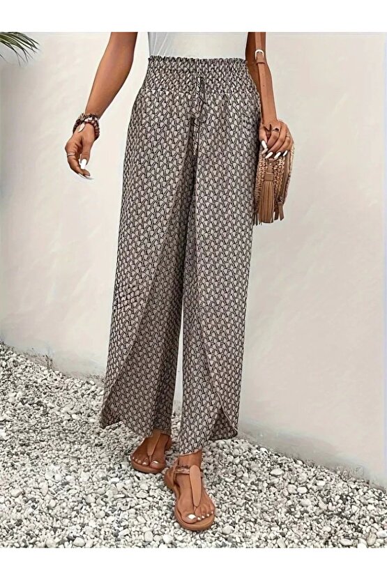 Kadın Yüksek Bel Lastikli önden Iki Parçalı Desenli Bürümcük Pantolon