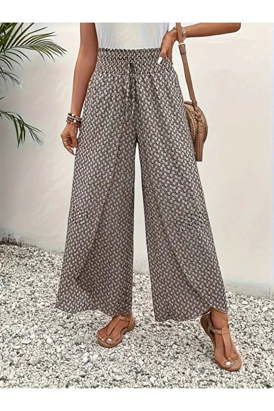 Kadın Yüksek Bel Lastikli önden Iki Parçalı Desenli Bürümcük Pantolon