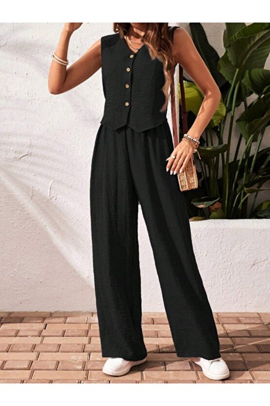 EQURİ Kadın Sıfır Kollu Düğmeli Yelek Ve Pantolon Bürümcük Ikili Takım