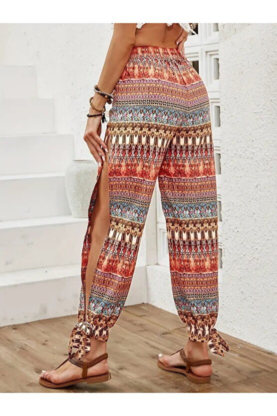 EQURİ Kadın Yüksek Belli Yanlardan Yırtmaç Detaylı Desenli Bürümcük Pantolon