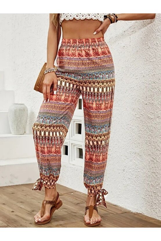EQURİ Kadın Yüksek Belli Yanlardan Yırtmaç Detaylı Desenli Bürümcük Pantolon