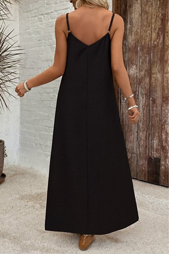 EQURİ Kadın Ip Askılı Geniş V Yakalı Desenli Süprem Elbise