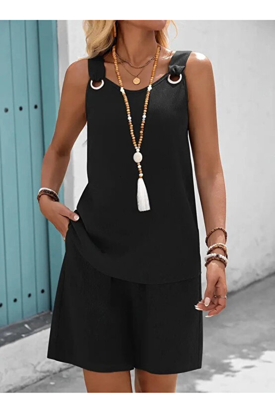 Kadın Askılı Yuvarlak Yaka Kuş Gözü Detaylı Bürümcük Bluz Ve Short Ikili Takım