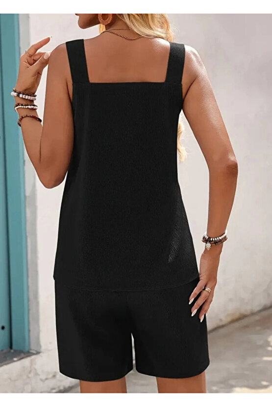 Kadın Askılı Yuvarlak Yaka Kuş Gözü Detaylı Bürümcük Bluz Ve Short Ikili Takım