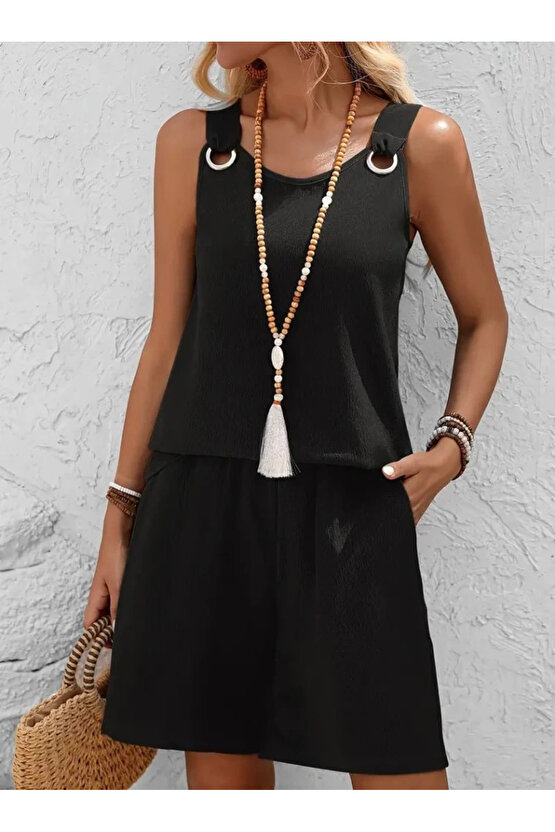 Kadın Askılı Yuvarlak Yaka Kuş Gözü Detaylı Bürümcük Bluz Ve Short Ikili Takım