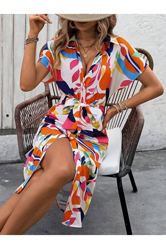 EQURİ Kadın Kısa Kollu Yakalı önü Düğmeli önden Drapeli Desenli Süprem Elbise