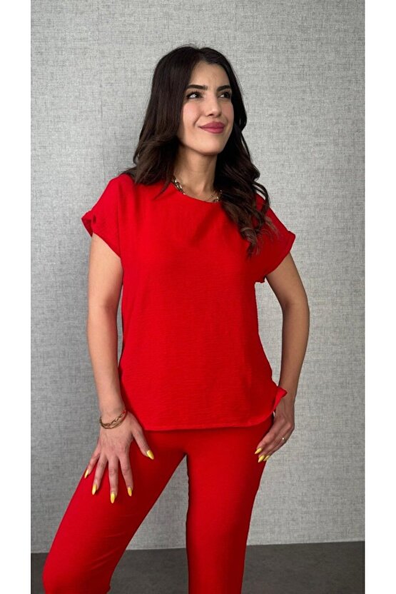 EQURİ Kadın Kısa Kollu Yuvarlak Yaka Aerobin Bluz Ve Pantolon Ikili Takım