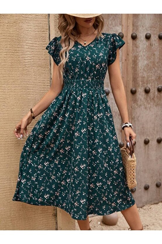 EQURİ Kadın Kısa Kollu V Yakalı Beli Lastikli çiçek Desenli Süprem Elbise