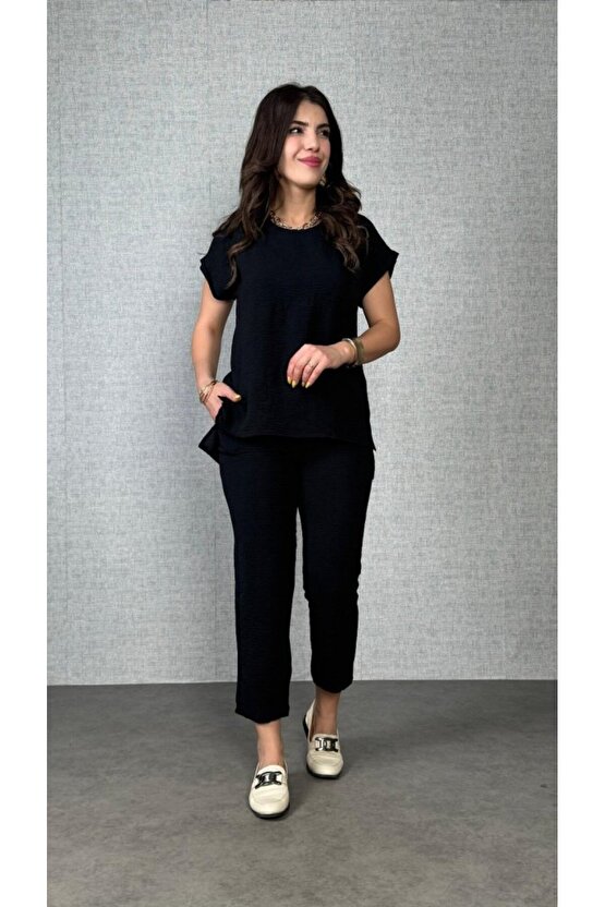 EQURİ Kadın Kısa Kollu Yuvarlak Yaka Aerobin Bluz Ve Pantolon Ikili Takım