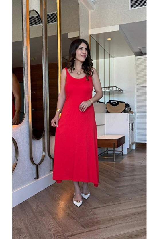 Kadın Askılı Yuvarlak Yakalı Viskon Elbise