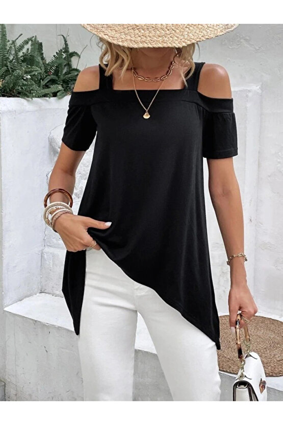 Kadın Kısa Kollu Omuzlardan Açık Askılı Asimetrik Kesim Viskon Bluz