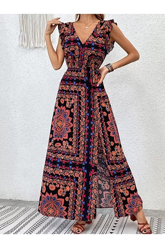 EQURİ Kadın Kısa Kollu V Yakalı Deseni Yırtmaçlı Süprem Elbise