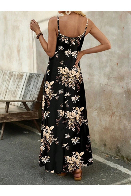 Kadın Ip Askılı V Yakalı çiçek Desenli Süprem Elbise