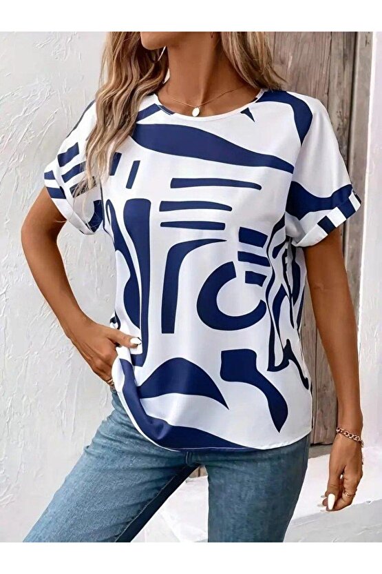 Kadın Kısa Kollu Yuvarlak Yaka Desenli Süprem Bluz