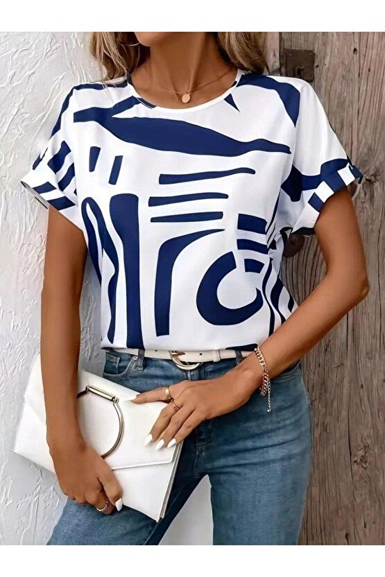 Kadın Kısa Kollu Yuvarlak Yaka Desenli Süprem Bluz