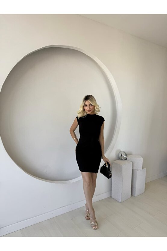 EQURİ Kadın Kısa Kap Kollu Bisiklet Yaka Belden Bağlamalı Modal Mini Elbise