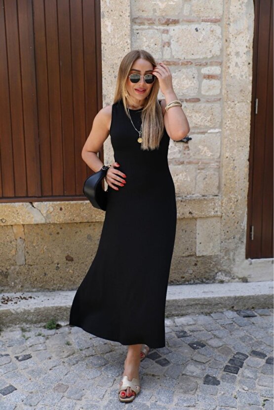 EQURİ Kadın Kolsuz Sırttan çapraz Ip Detaylı Uzun Viskon Elbise