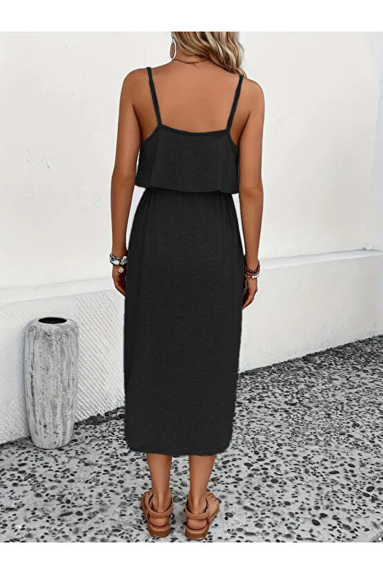 Kadın Askılı V Yakalı Viskon Bluz Ve Bağcıklı Etek Ikili Takım