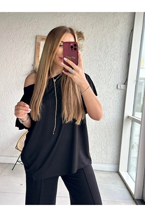 Kadın Tek Omuzdan Açık Geniş Kesim Viskon Iki Iplik Bluz Ve Pantolon Ikili Takım