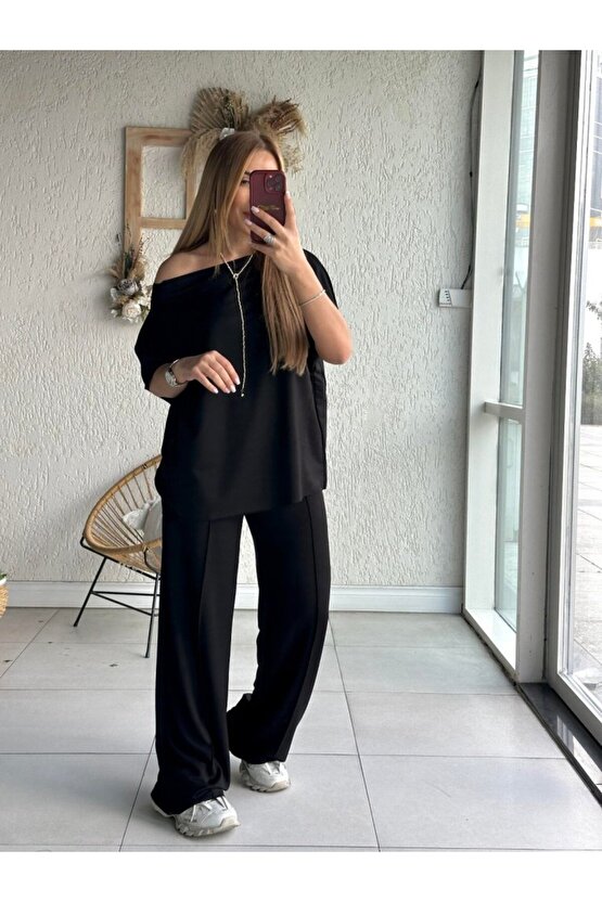 Kadın Tek Omuzdan Açık Geniş Kesim Viskon Iki Iplik Bluz Ve Pantolon Ikili Takım