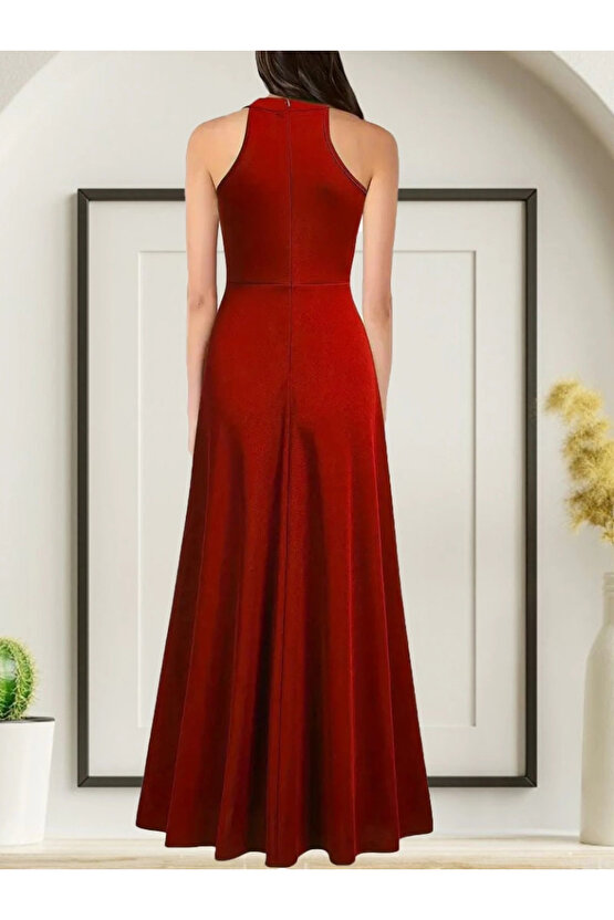 MDB Kadınhalter Yaka Derin Yırtmaç Detaylı Tam Boy Ithal Krep Abiye Elbise