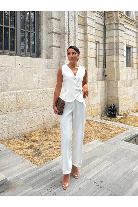 MDB Kadın Sıfır Kollu çapraz V Yakalı önden Düğmeli Atlas Yelek Ve Pantolon Ikili Takım
