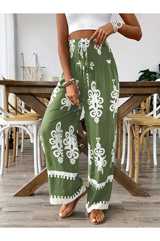 EQURİ Kadın Yüksek Bel Büzgülü Etnik Desen Baskılı Süprem Pantolon