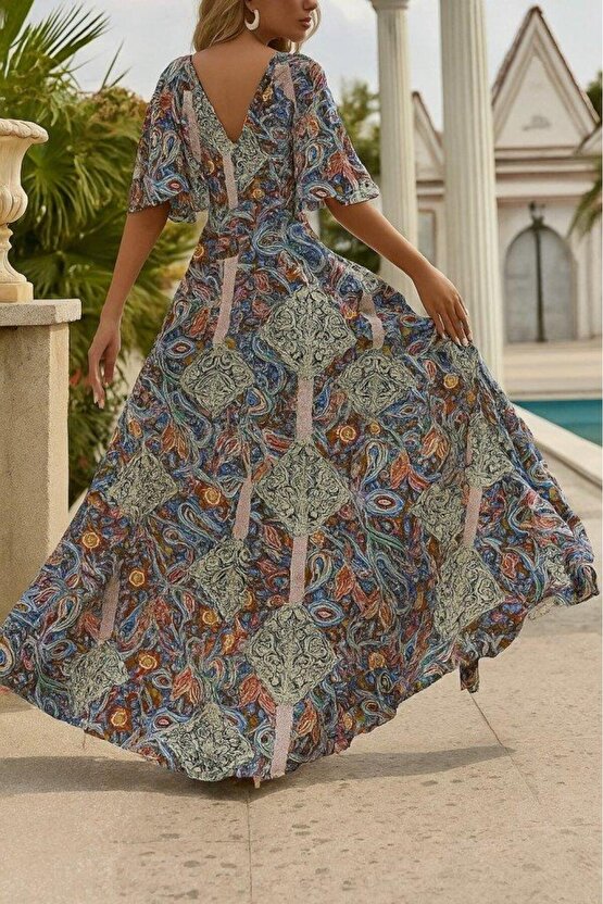 Kadın Kısa Kollu V Yakalı Desenli Süprem Elbise