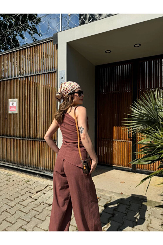 Keten Asimetrik Tek Omuzlu Bluz Pantalon Takım- Bordo