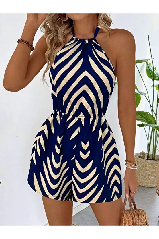 EQURİ Kadın Boyundan Askılı Halter Yakalı Desenli Süprem Tulum