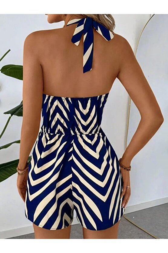 EQURİ Kadın Boyundan Askılı Halter Yakalı Desenli Süprem Tulum