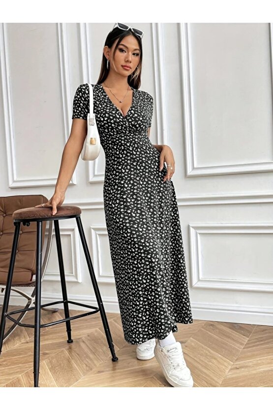 Kadın Kısa Kollu Kruvaze Yakalı çiçek Desenli Süprem Elbise