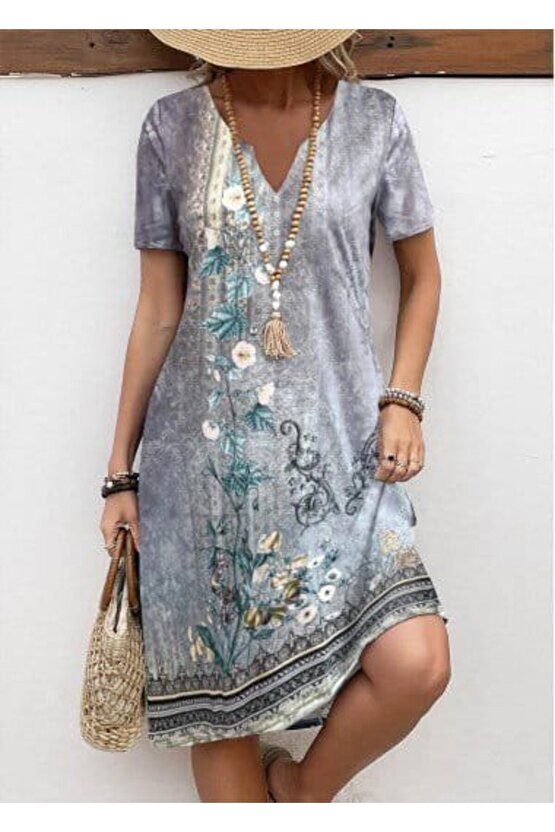 Kadın Kısa Kollu V Yakalı Desenli Süprem Elbise