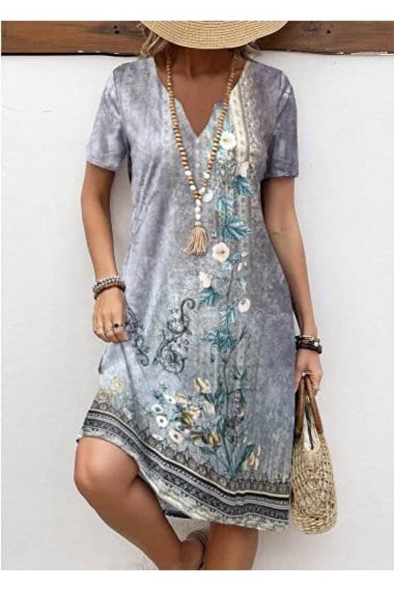 Kadın Kısa Kollu V Yakalı Desenli Süprem Elbise