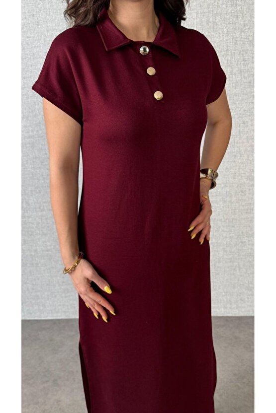 EQURİ Kadın Kısa Kollu Yakalı Yandan Yırtmaçlı Viskon Iki Iplik Elbise