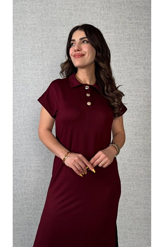 EQURİ Kadın Kısa Kollu Yakalı Yandan Yırtmaçlı Viskon Iki Iplik Elbise