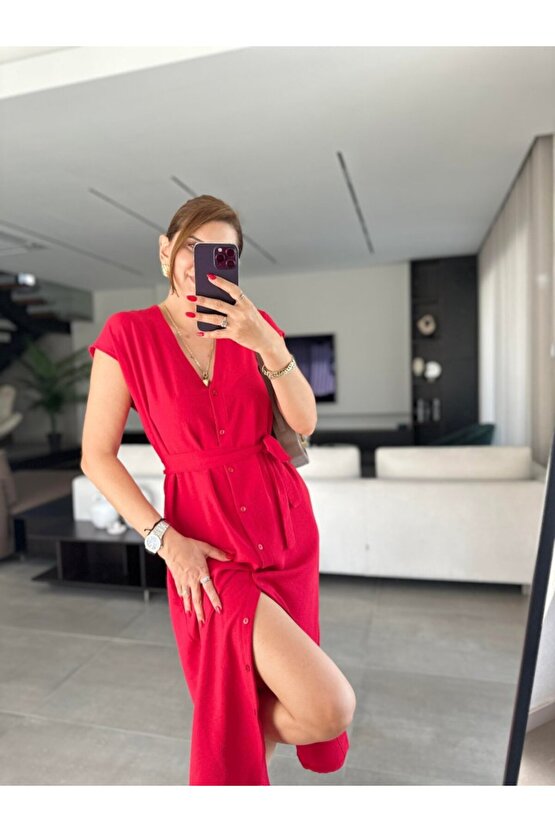 EQURİ Kadınn V Yaka Düğme Detay Kuşak Dahil Elbise