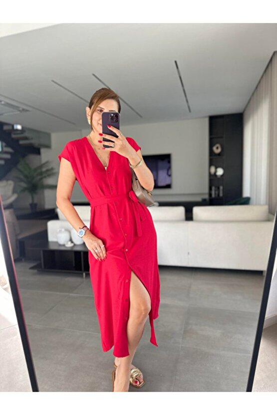 EQURİ Kadınn V Yaka Düğme Detay Kuşak Dahil Elbise