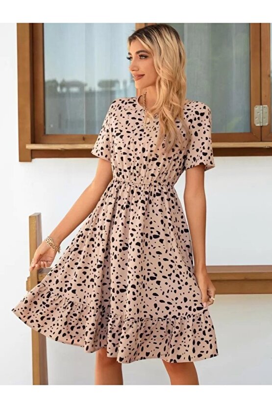 EQURİ Kadın Kısa Kollu Bisiklet Yaka Desenli Süprem Elbise