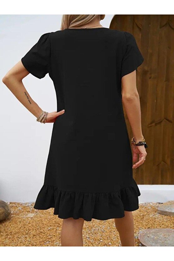 Kadın Kısa Kollu Bisiklet Yaka Fırfırlı Aerobin Elbise