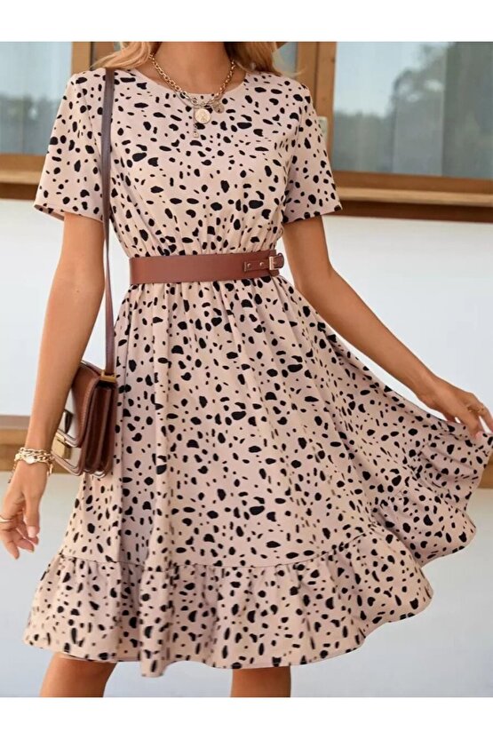 EQURİ Kadın Kısa Kollu Bisiklet Yaka Desenli Süprem Elbise