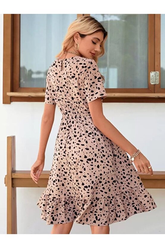 EQURİ Kadın Kısa Kollu Bisiklet Yaka Desenli Süprem Elbise