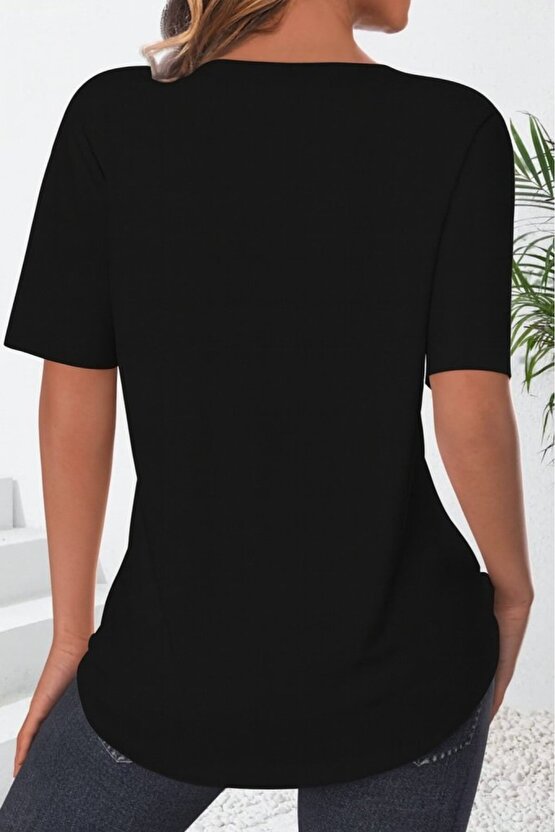 EQURİ Kadın Kısa Kollu çentikli V Düğme Detaylı V Yaka önden Pileli Ithal Keten Bluz