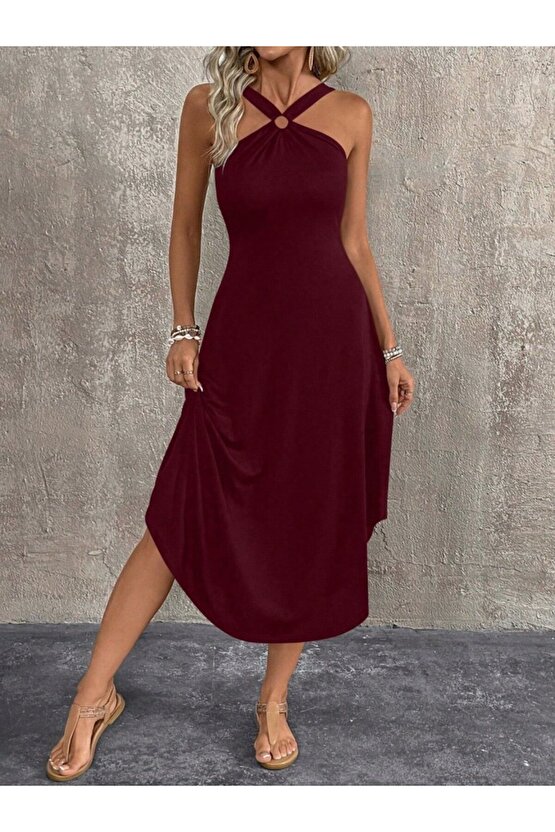 EQURİ Kadın Boyundan çapraz Askılı Halka Detaylı Asimetrik Kesim Viskon Elbise