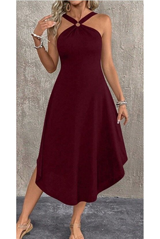 EQURİ Kadın Boyundan çapraz Askılı Halka Detaylı Asimetrik Kesim Viskon Elbise