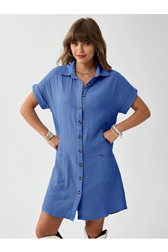 EQURİ Kadın Cep Detay Müslin Kumaş Mini Gömlek Elbise