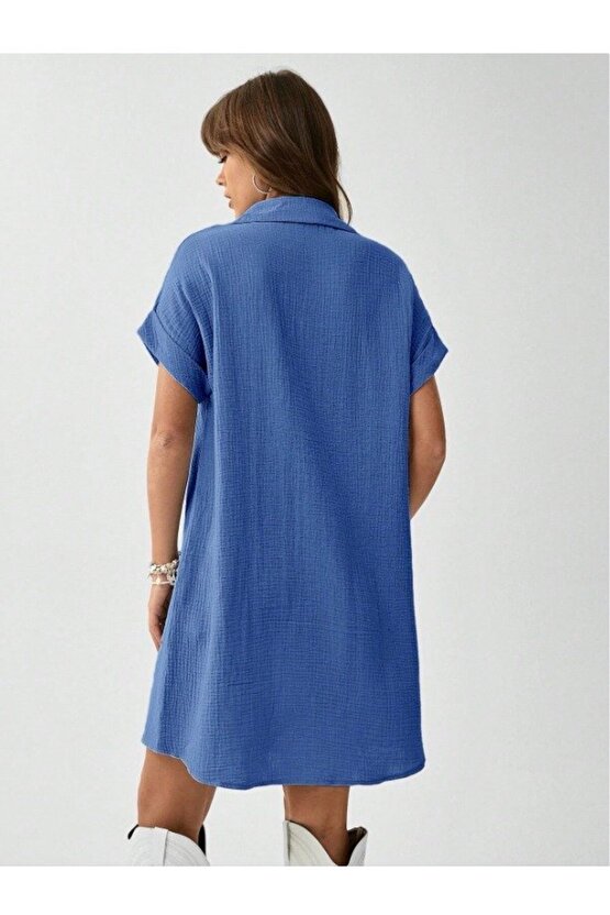 EQURİ Kadın Cep Detay Müslin Kumaş Mini Gömlek Elbise